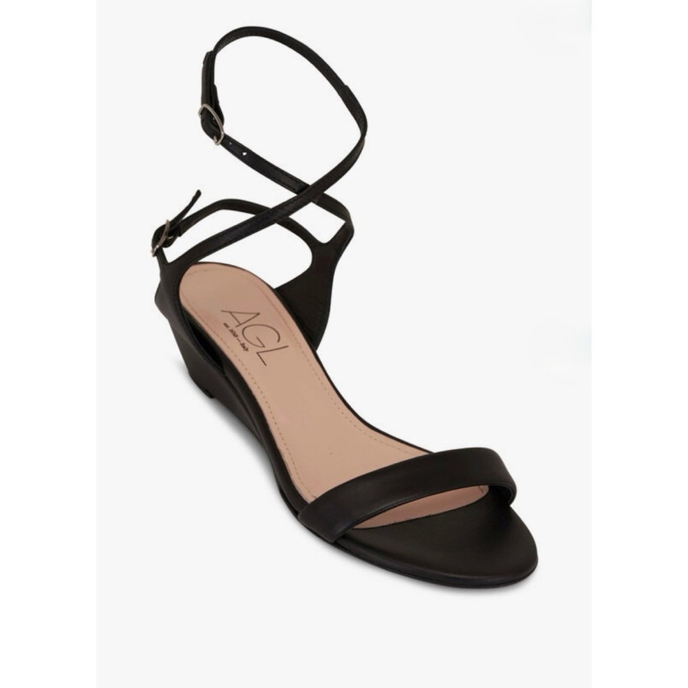 New AGL Wenda Black Leather Ankle Strap Demi Wedge Sz 9